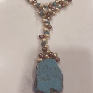 Turquoise and Seed Pearl Lariat Necklace